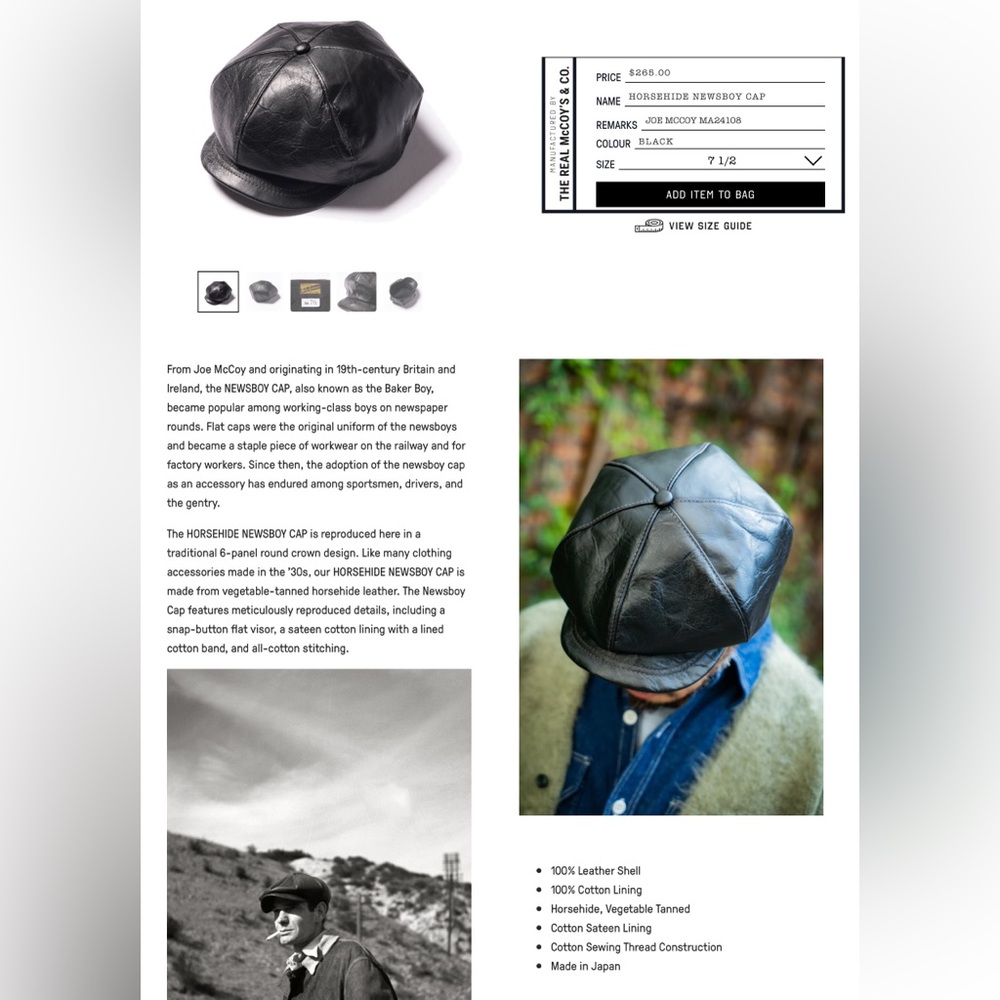 The Real McCoy horsehide Leather Newsboy Cap